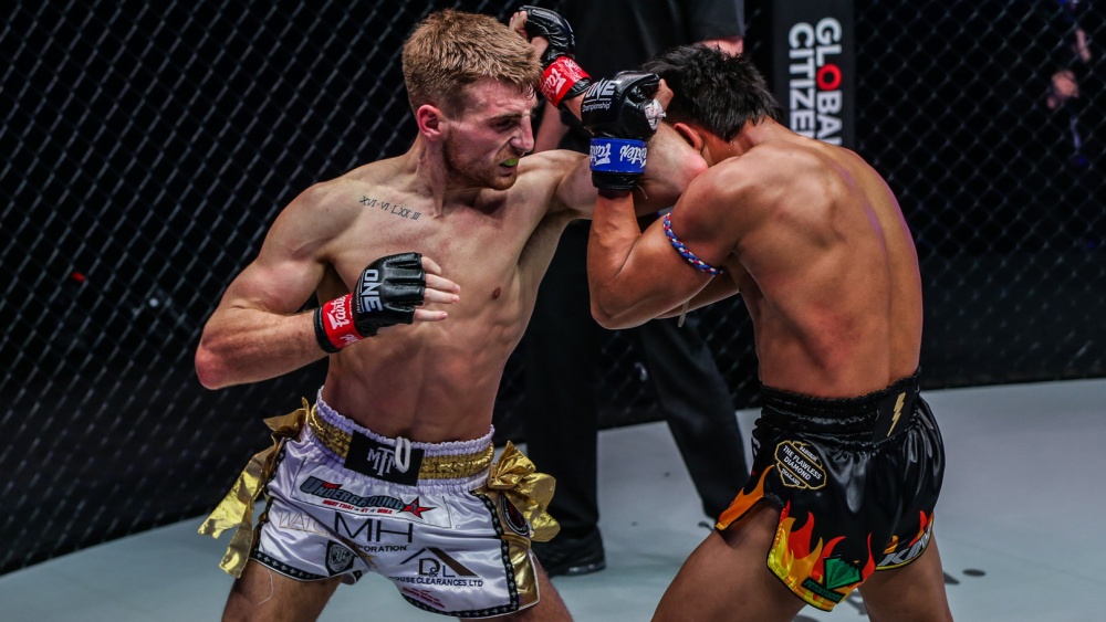 ONE Bantamweight Muay Thai & Kickboxing World Champion Jonathan Haggerty in an Muay Thai bout at ONE Championship.